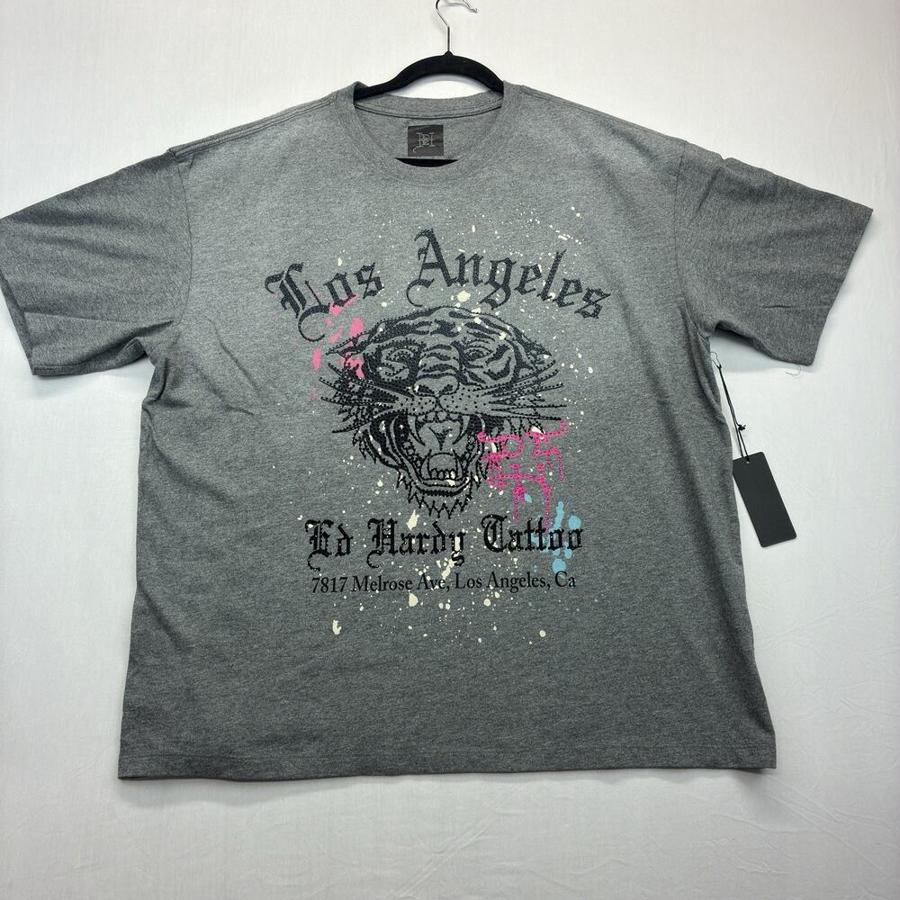 Ed Hardy T Shirt Men’s XL Gray Tiger Graphic Rhinestone Tattoo NWT Y2K